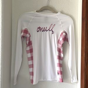 O’Neill like new juniors/girls rash guard. White and pink. 50 spf. Summer wear